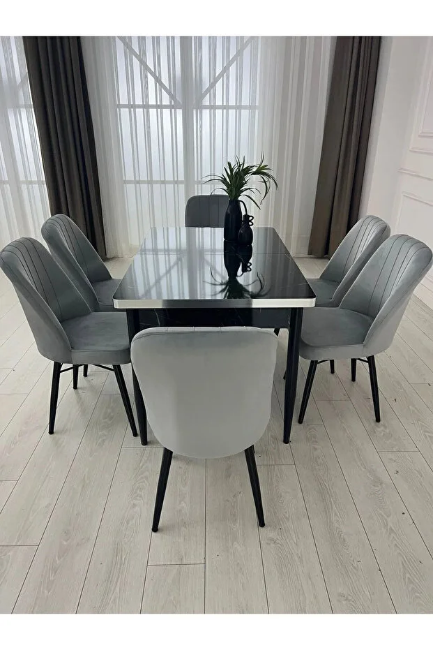 6 Kişilik Açılabilir Yemek Masası Takımı 6 Sandalyeli Siyah Mermer Desenli MDF Yemek Masası Takımı